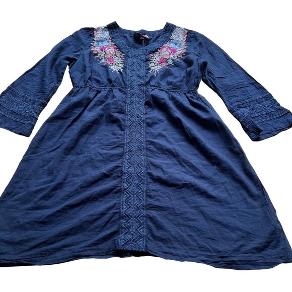 Johnny Was Dresses & Skirts - Johnny Was Size M Navy Blue Pascal Cotton Voile V-Neck Embroidered Dress
